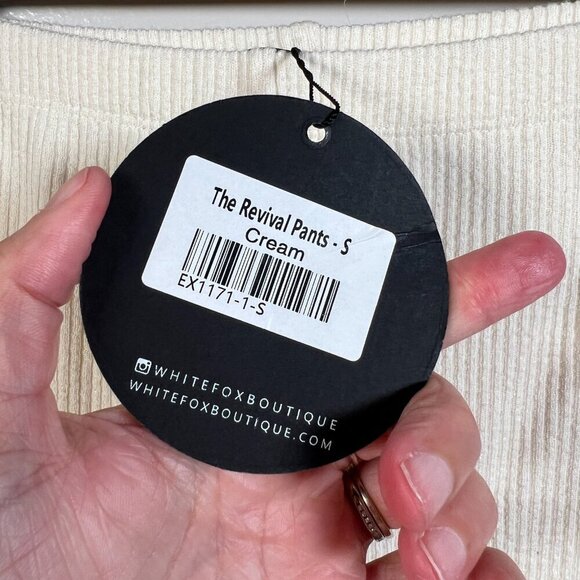 White Fox Revival Flare Pants Size Small Cream High Rise Ribbed Knit Comfy - Picture 5 of 11